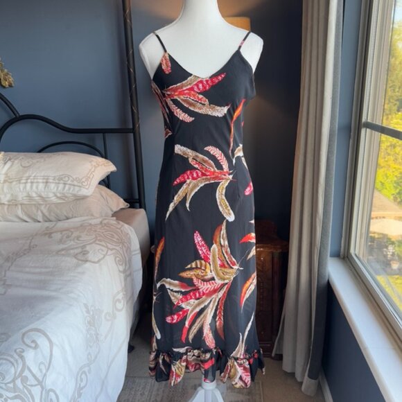 Black w Tropical Red Feather Print Chiffon Midi Dress - Picture 3 of 15